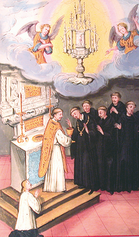 The priest doubting transubstantiation and seeing the consecrated wine boil into fresh red Blood in the chalice