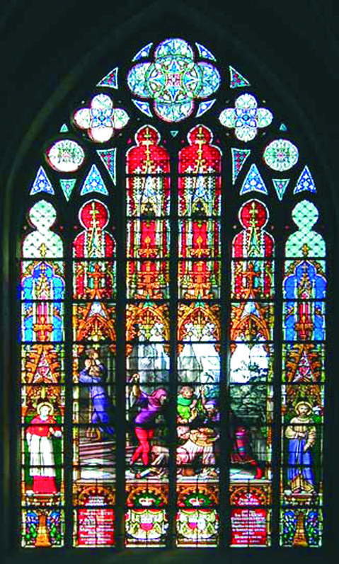 Stained glass windows of the cathedral depicting events connected with the Eucharistic miracle