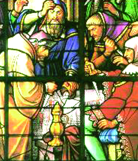 Section of a stained glass window in the Cathedral of St. Gudala and St. Michael, in which the Eucharistic miracle is depicted