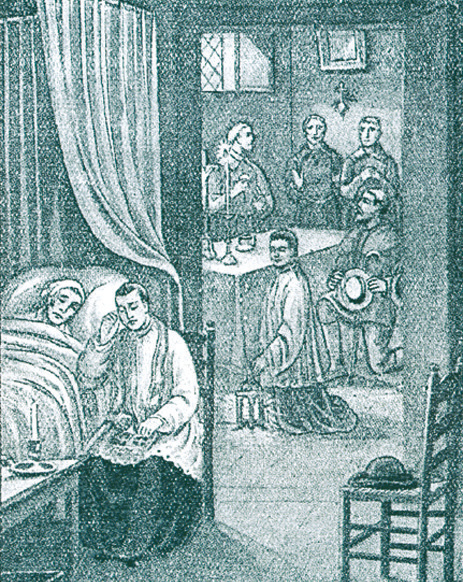 Old prints depicting the miracle the linen that covered the bottom of the contai- nere Troubled and panic-stricken with the