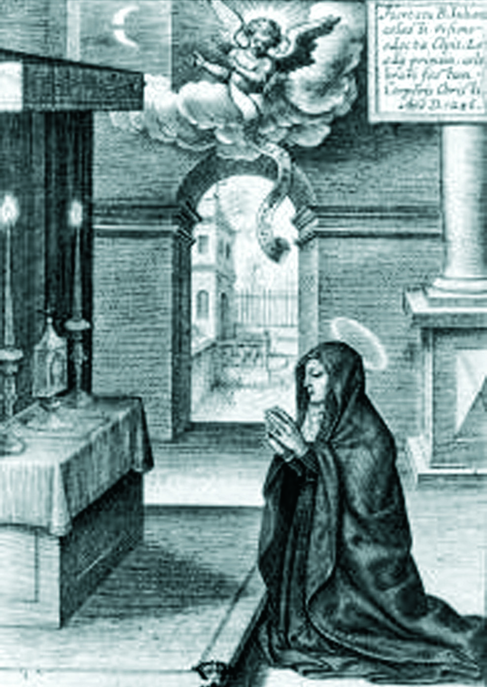 Saint Juliana of Cornillon receiving the mystical vision of the full moon with a dark stripe, symbolizing the missing feast of the Eucharist