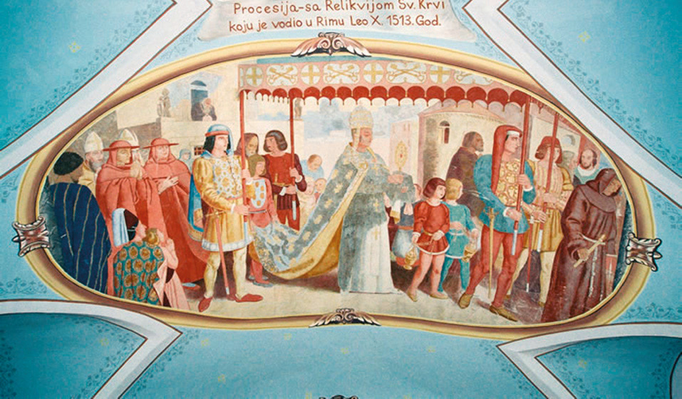 Fresco depicting the procession held in Rome in 1513, in which Pope Leo X is carrying the precious relic through the city streets