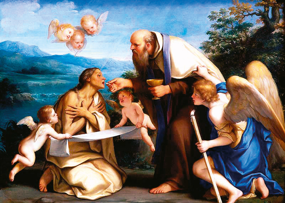 Saint Mary of Egypt walking across the Jordan River to receive Holy Communion from Father Zosimas (5th century)