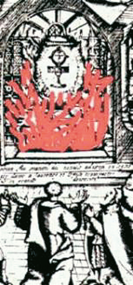 Old small print that represents the miracle Mass. During the elevation of the Host, the mon-