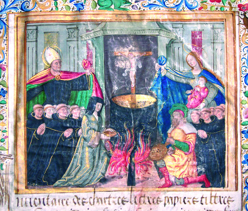 Miniature of a cartolario (16th Century), kept in the National Archives which represents the scene of the sacrilege from 1290 to 1304: "Easter Sunday, April 2, 1290, a man named Jonathas, who hated the