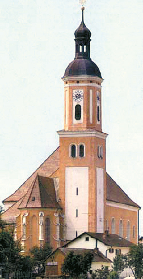 The church tower of the Sanctuary of the Holy Savior (San Salvatore) in Bettbrunn