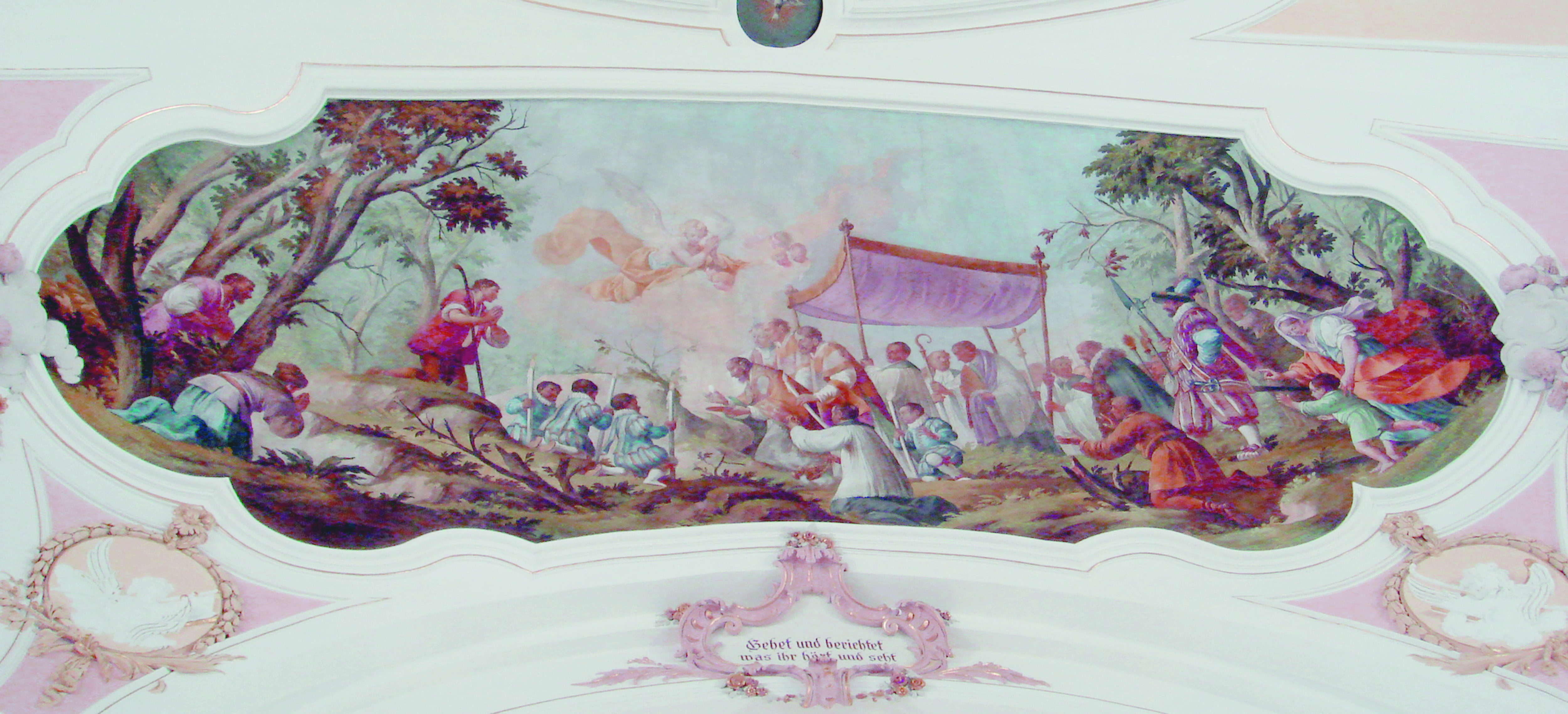Elaborate ceiling fresco depicting the solemn translation of the Sacred Host by the Bishop of Regensburg
