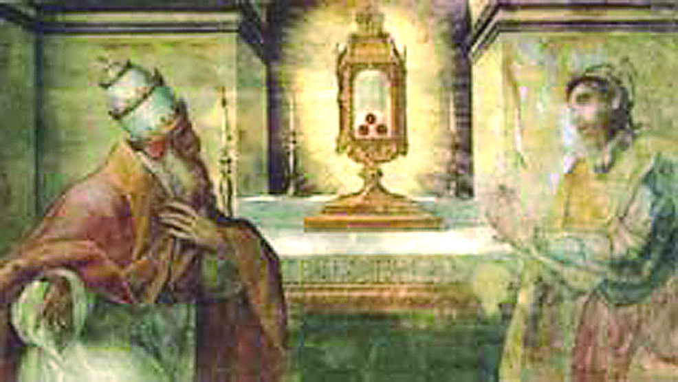 Historical painting of Pope Pius II venerating the precious relic of the Holy Blood