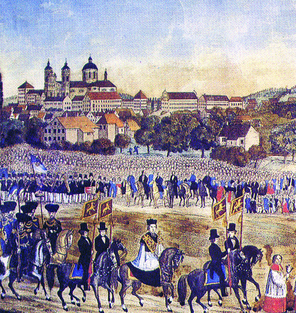 Antique painting depicting 'The Blood Ride' (Blutritt) equestrian procession in Weingarten