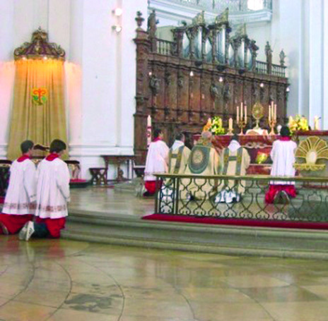 Benedictine monks in solemn procession with the precious relic through the abbey grounds