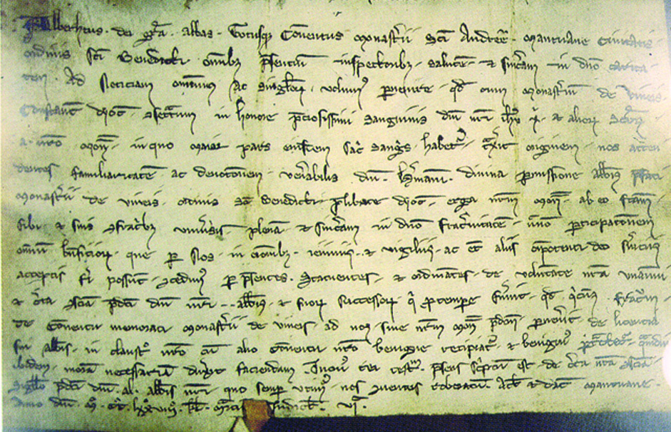 Historical letter (1 March 1278) from Abbot Albert of Mantua confirming the authenticity of the Weingarten relic