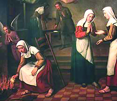The servant woman retrieving the miraculous Host unharmed from the flames with bare hands