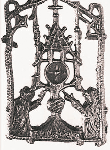 Sculpture of the ancient monstrance which contained the miraculous Host