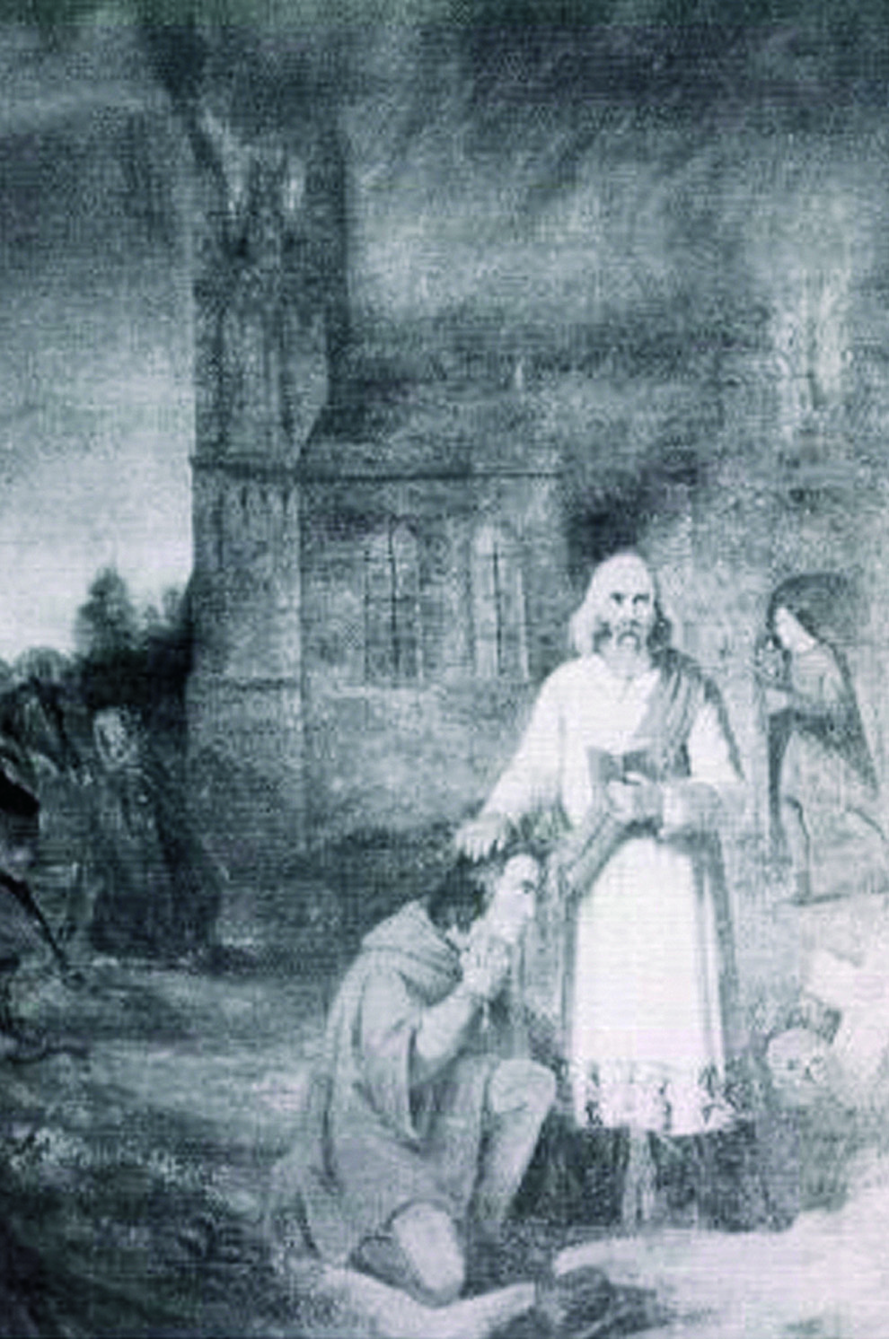Picture showing the miracle. At the bottom Jan Bolloys is seen rescuing the Blessed Sacrament