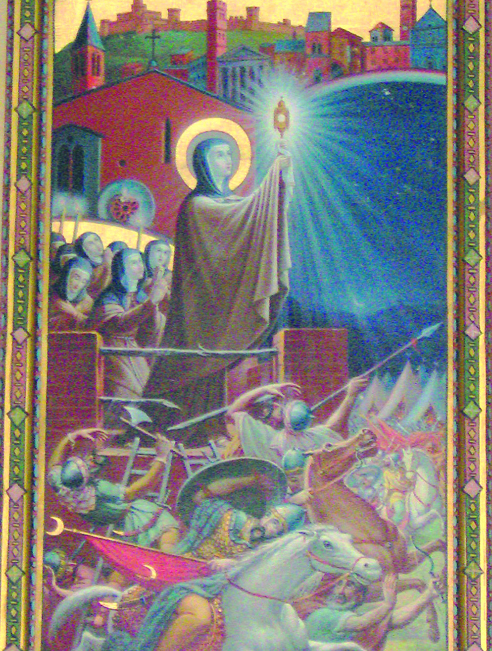 Icon in the Basilica of Saint Clare, Assisi. Clare's faith in the Son of God and Mary, hidden in the poverty of Eucharistic Bread, destroyed the strength of the enemies sustained by Your love.' Christ replied, 'It will have to undergo trials, but it will be defended by