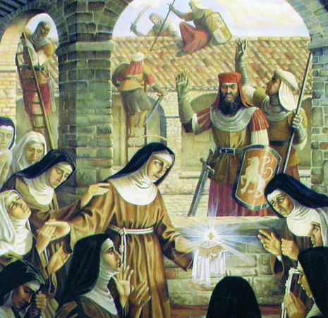 Saint Clare and the Saracens. Painting by Piero Casentini. Holy Cross Monastery,
