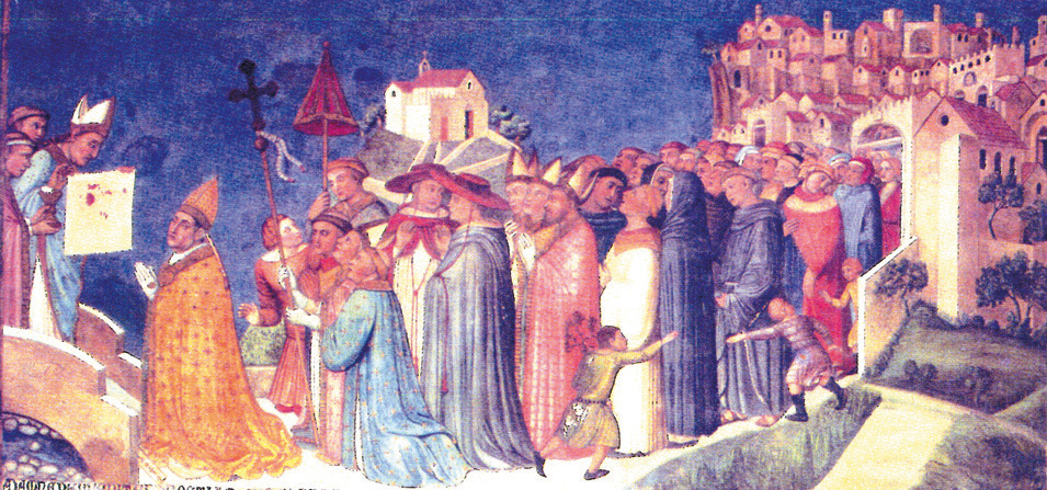 miracle took place The Procession over the Riochiaro Bridge, (artist: Ugolino d' Ilario). Orvieto Cathedral