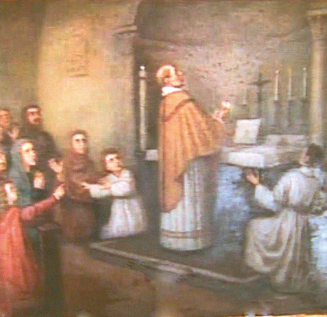 Father Pietro da Verona breaking the Host, which sprayed living Blood onto the vault above the altar