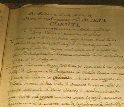 Notarized copy of Pope Nicholas V's decree in 1454 that permitted the Counts of Valvasone to keep the relic of the miracle on the condition that they build a shrine