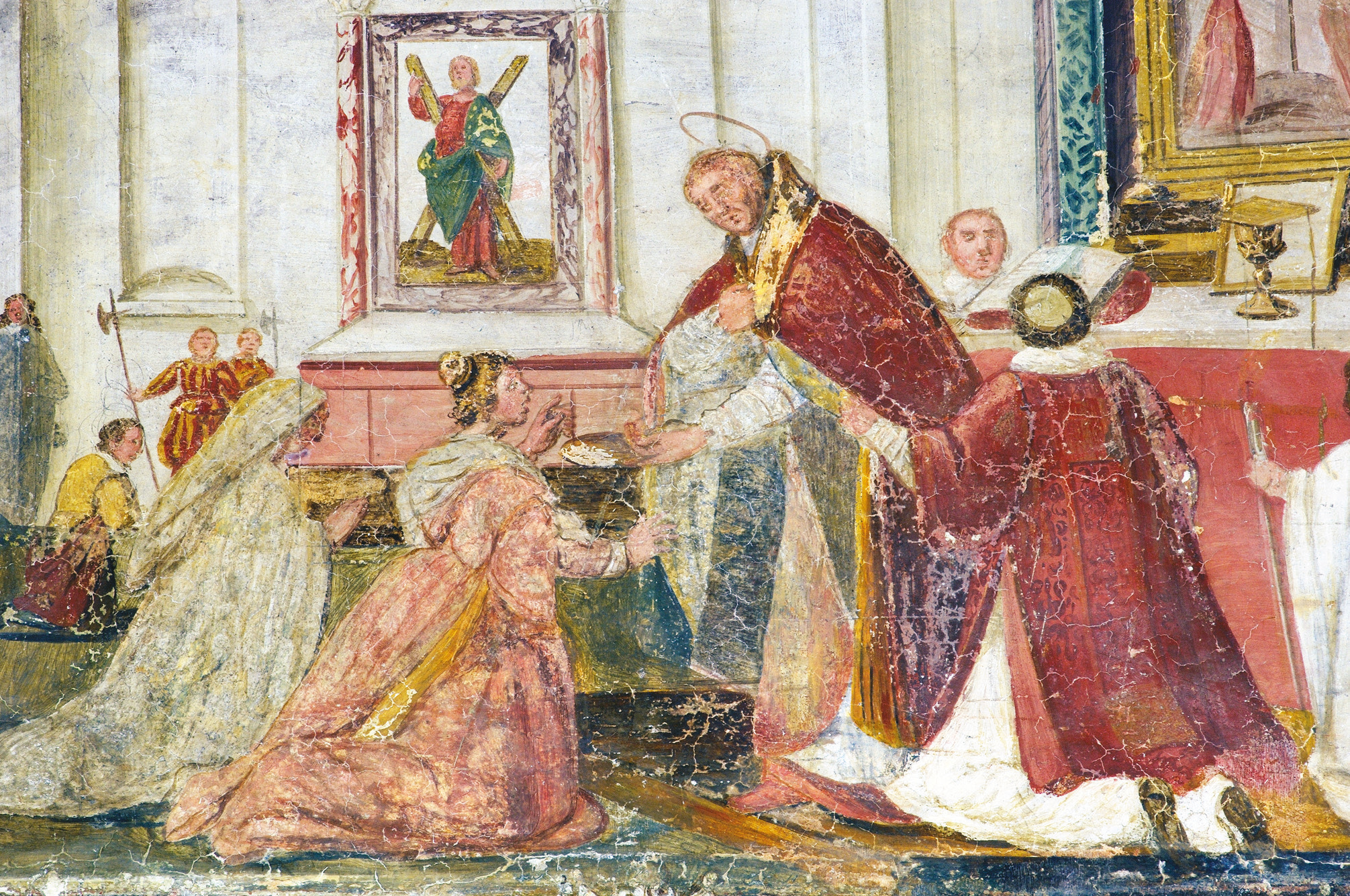 Nicolb Circignani called the Pornarancio, The Eucharistic Miracle of St. Gregory the Great. The lunette of the portico in the entrance of the Church of St. Gregory the Great in Heaven, Rome