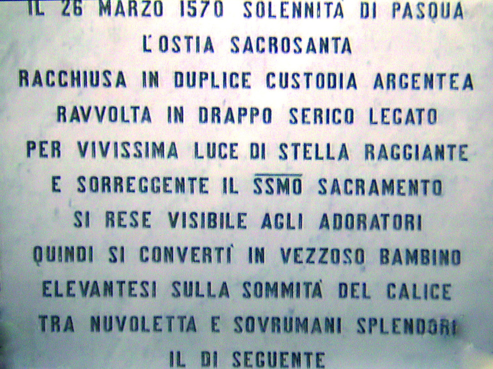 Sl CONVERTI vtzzoso BAMBINO ELEVANTESI SULLA SOMMITÄ CALICE TBA NIJVOLETTA E sovntnmtll SPLENDOR! The commemorative tablet which recalls the miracle
