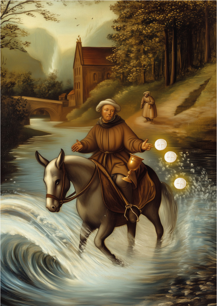 The parish priest of Alboraya kneeling on the seashore to receive the Hosts