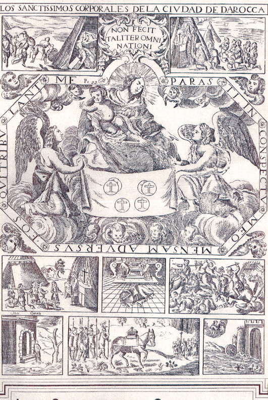 Ancient 16th-century engraving illustrating the miraculous victory of the Christian commanders under the Eucharistic banner