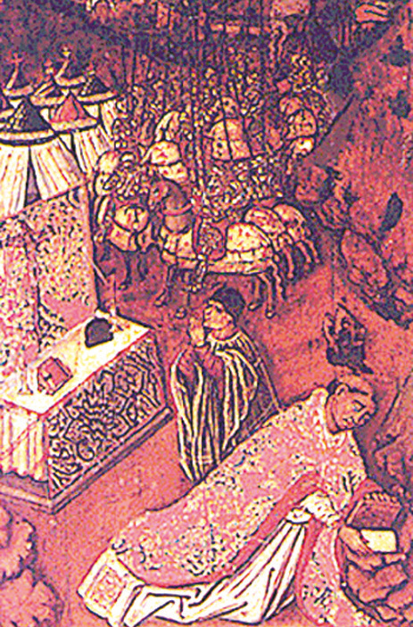 Chaplain Don Mateo Martínez finding the six consecrated Hosts drenched in living Blood under the rock
