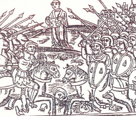 Fresco scene 5: The blood-stained corporal tied to a spear and carried as a victorious standard