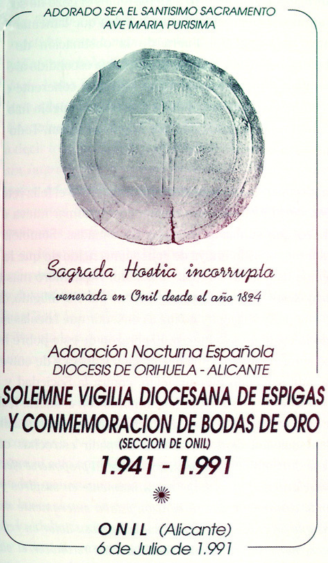 ADORADO SEA EL SANTISIMO SACRAMENTO Y CONMEMOUCION DE BODAS DE ORO (SECCION DE ONIO 7.941 - 1.991 ONIL (Alicante) 6deJuliode