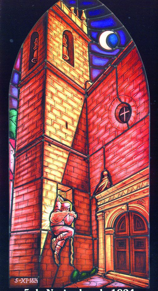 Scenes from the miracle in the stained glass windows of St. James Church