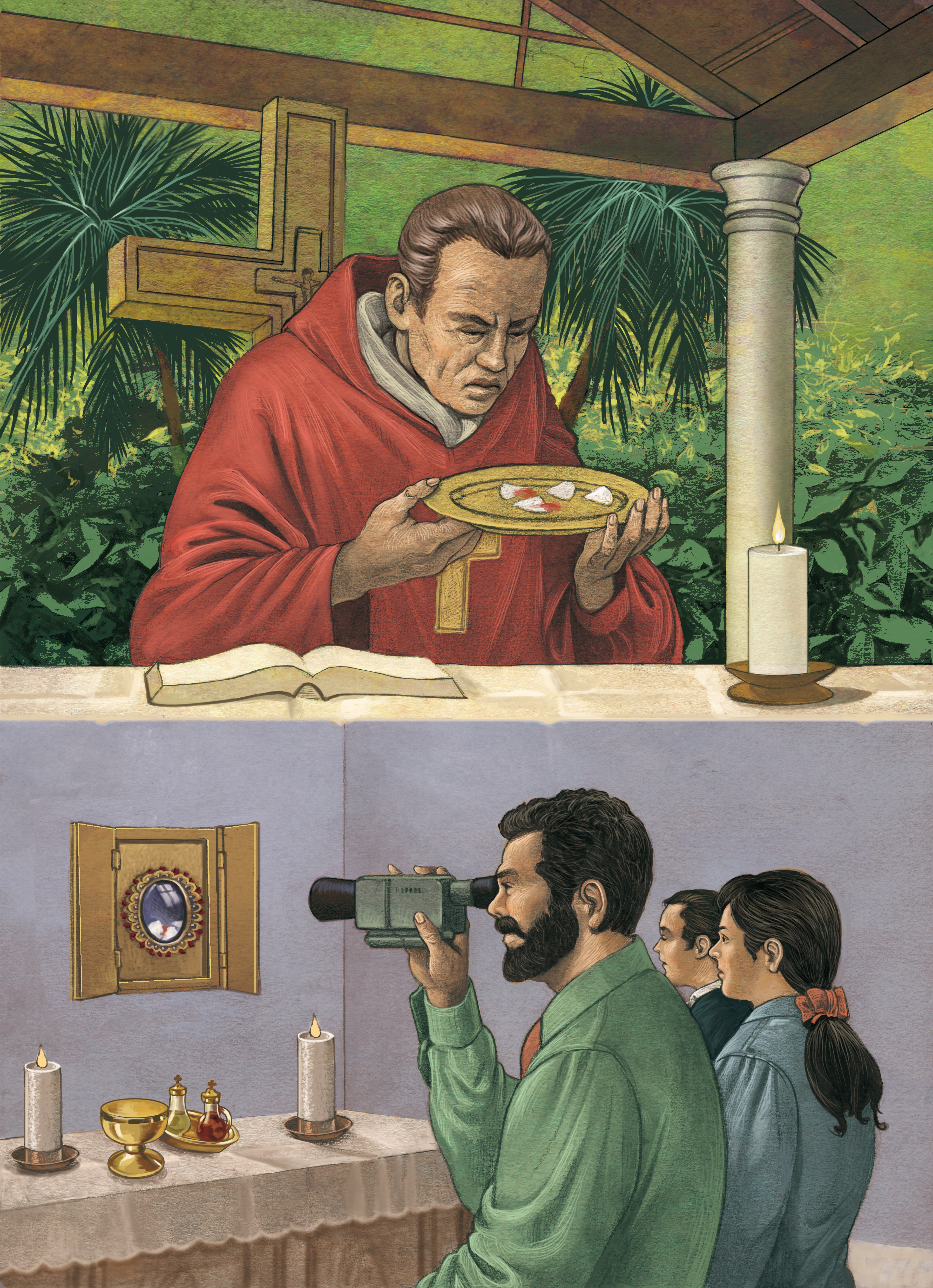 Gilded reliquary and sacred relic preserved from the Eucharistic Miracle of Betania (1991)